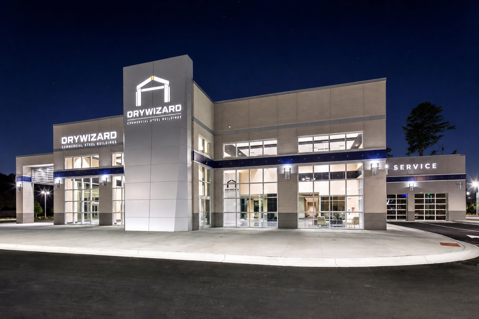 Commercial steel building with floor-to-ceiling glazed sliding doors
